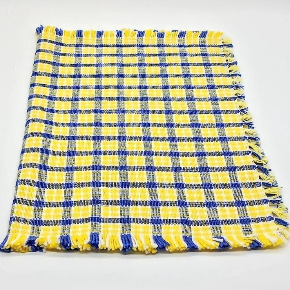 Set of 4 Blue Yellow Plaid Check Fringed Cotton Placemats